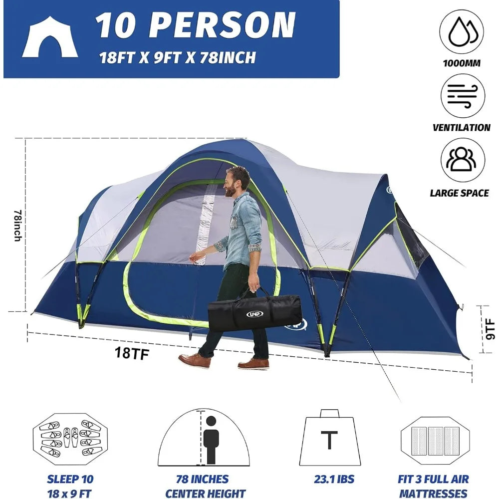 10-Person-Family Tents,  5 Large Mesh Windows, Double Layer, 2 Room, Waterproof