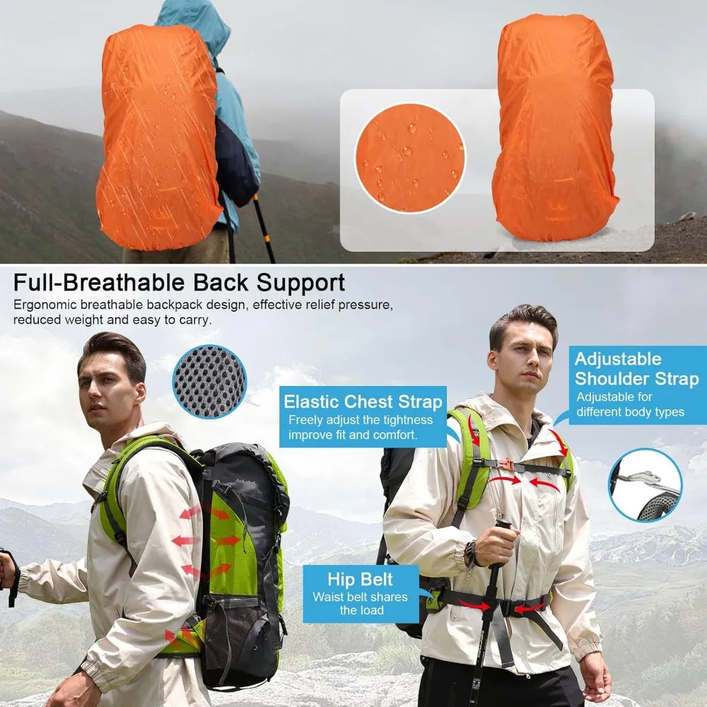 70L  - Waterproof Backpack for Men and Women - Backpacking with Rain Cover