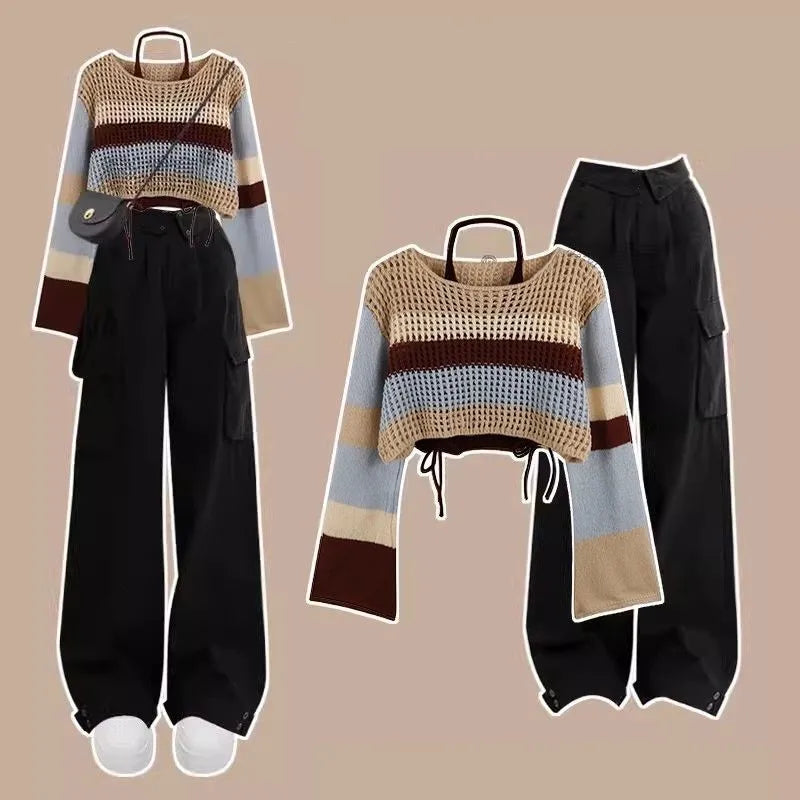 Women's Autumn Vintage Hollow Stripe Long Sleeved Knitwear Pants Suit