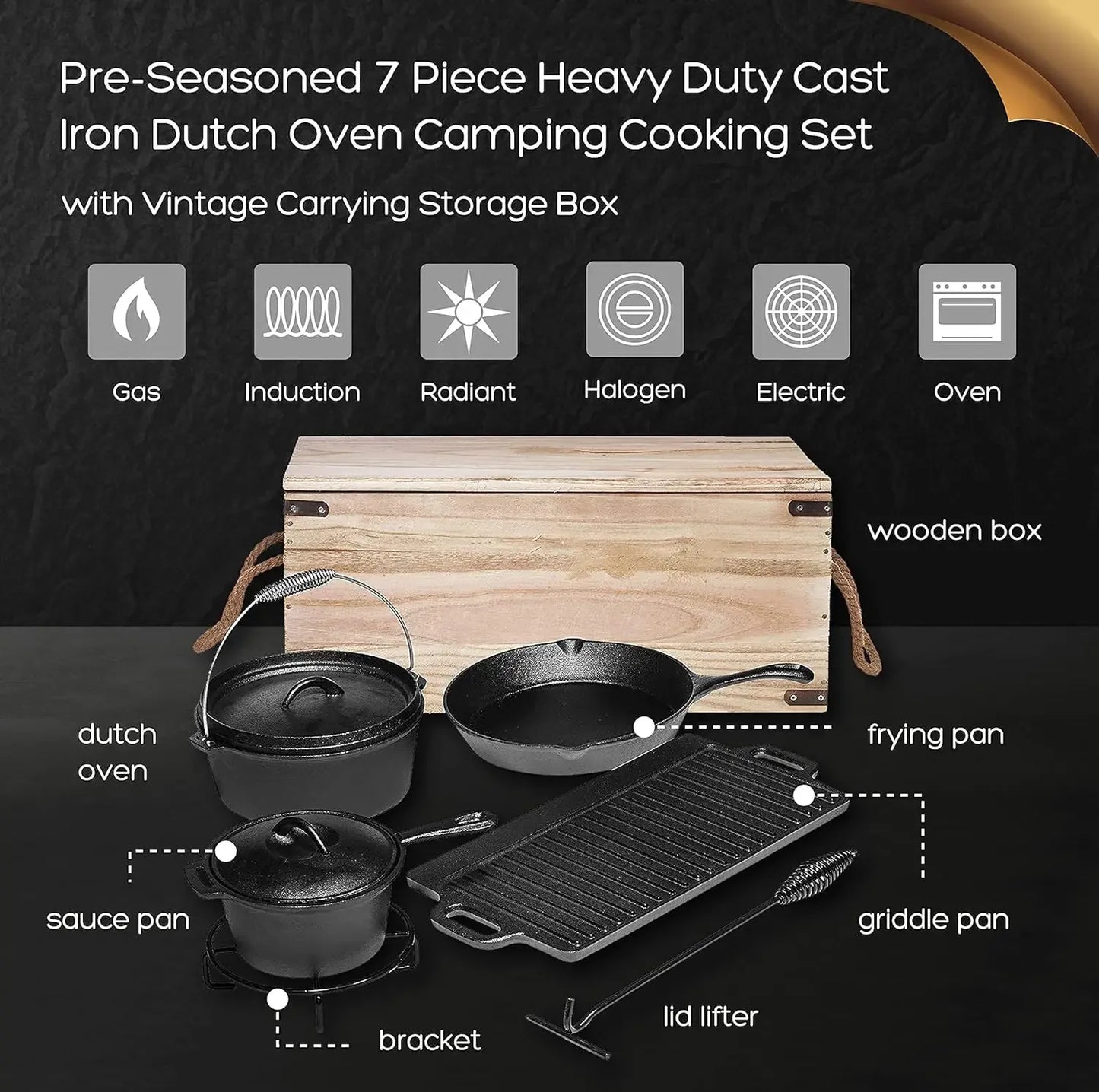 Camping Cooking Set Of 7. Pre Seasoned Cast Iron Pots And Pans Dutch Oven With Lids