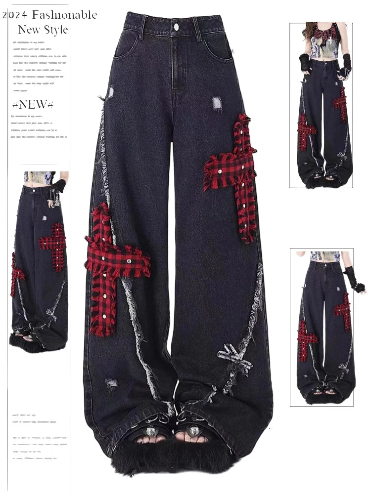Women's Black Gothic Baggy Jeans Streetwear Cowboy Pants