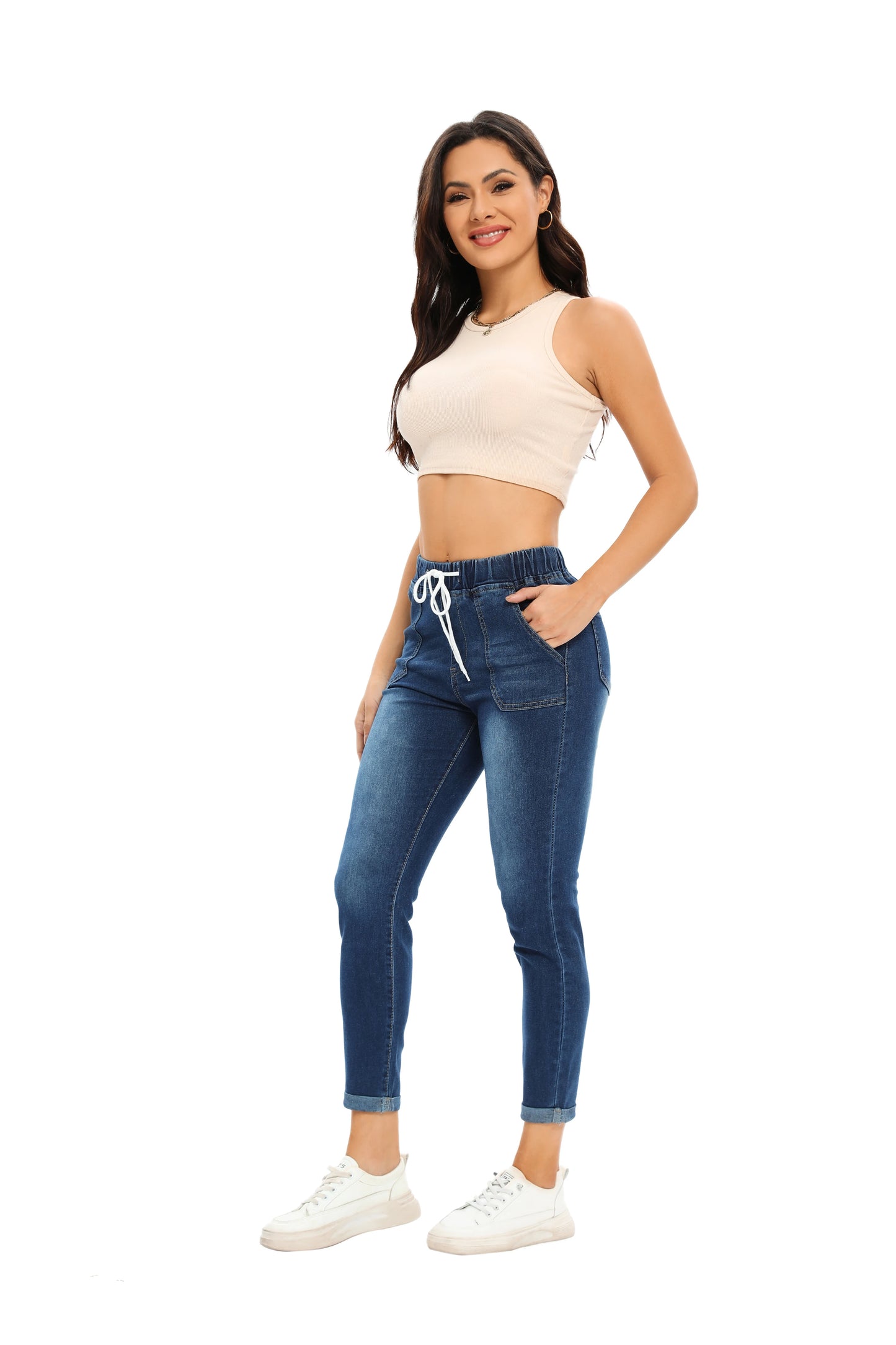 Autumn New Women's Elastic Waist Drawstring Jeans Fashion