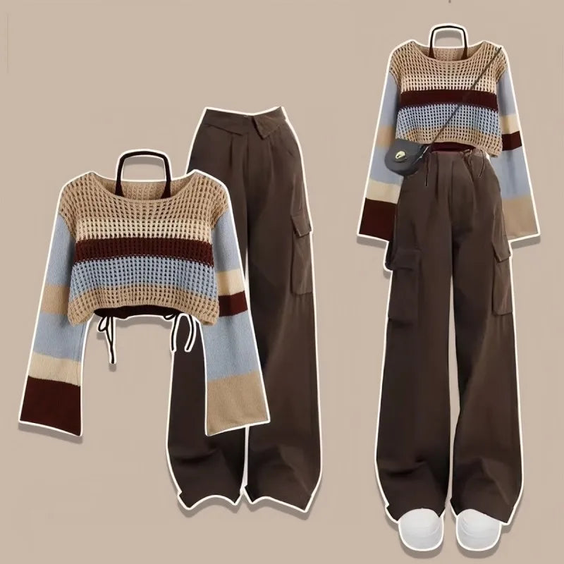 Women's Autumn Vintage Hollow Stripe Long Sleeved Knitwear Pants Suit