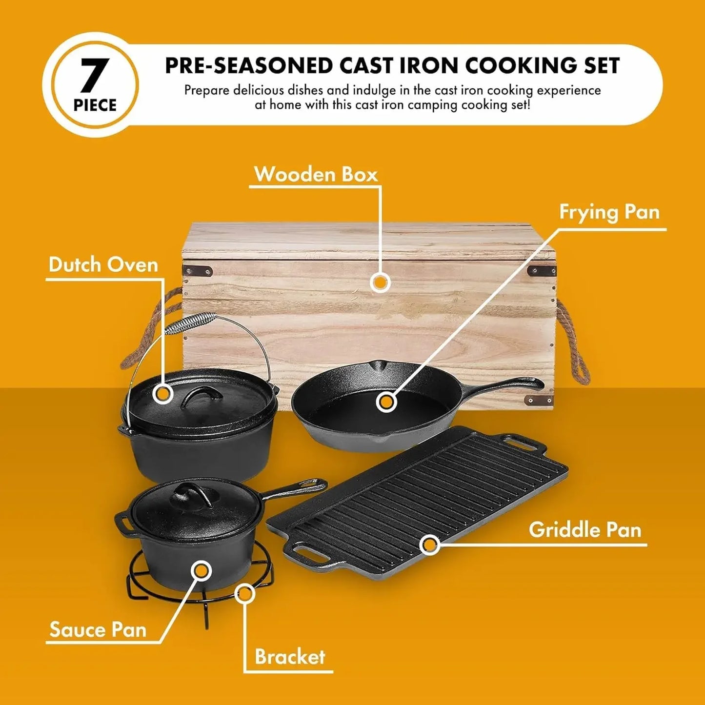 Camping Cooking Set Of 7. Pre Seasoned Cast Iron Pots And Pans Dutch Oven With Lids