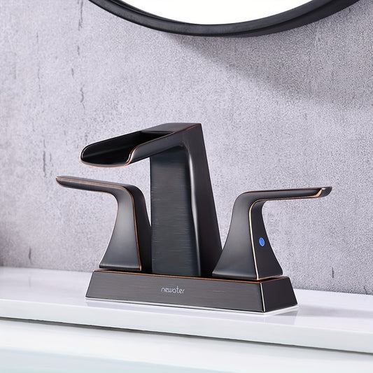 Modern Waterfall Center set Bathroom Sink Faucet - 2-Handle, Brushed Black with Golden Accents