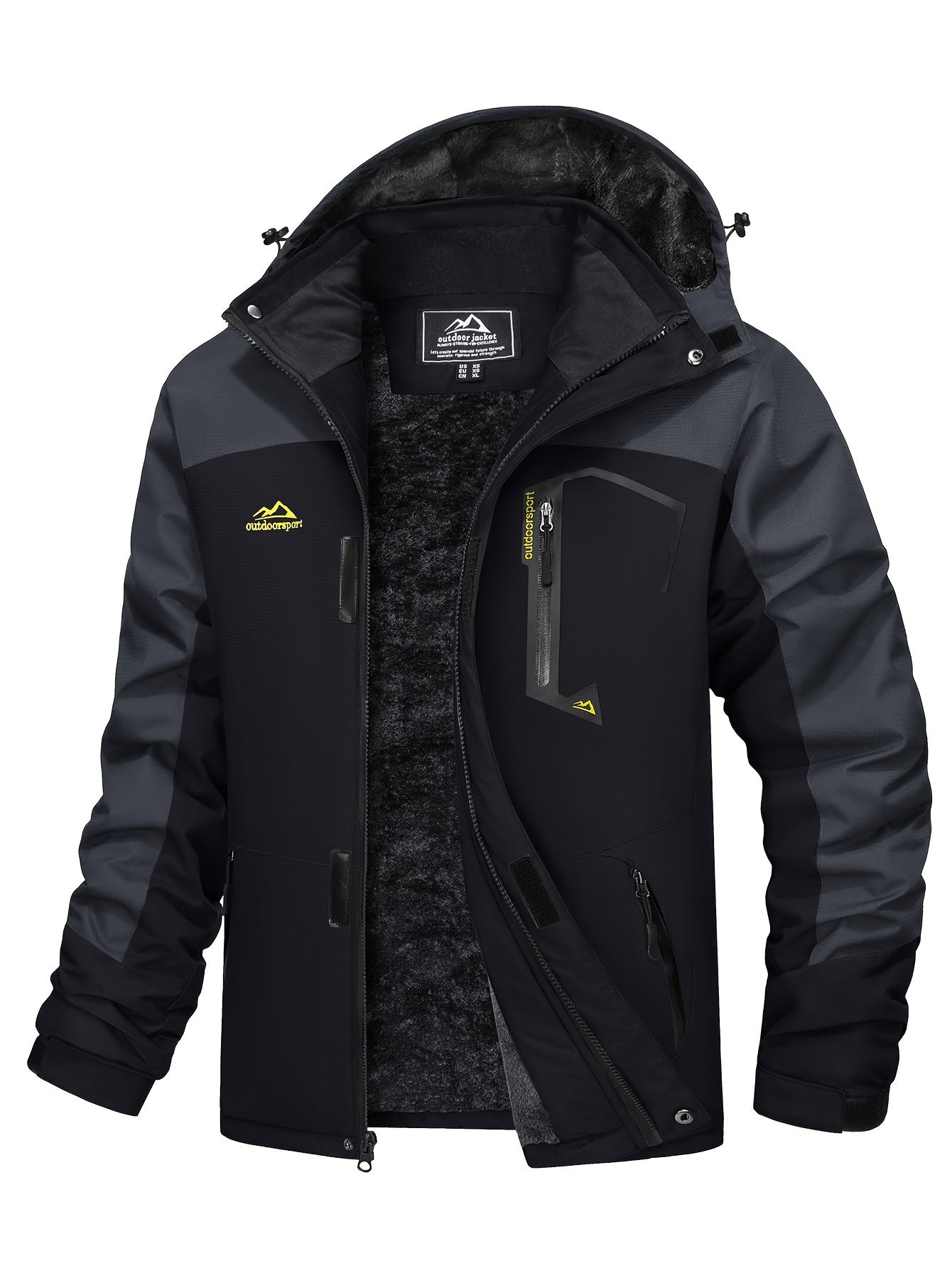 Men Winter Ski Snow Jacket - Multiple Zipper Pockets, Large Storage, Removable Hood, Adjustable Cuffs