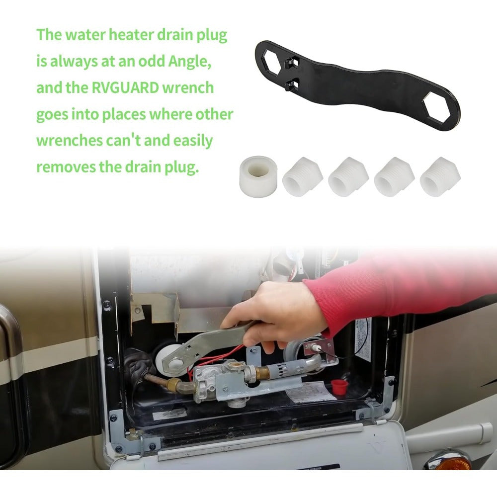 Water Heater Drain Plug Kit Designed for RV & Camper Water Heater Drain Plugs, Fits Drain Plugs, Includes Angled Wrench, 4pcs Replacement Plugs and 1 Roll Tape