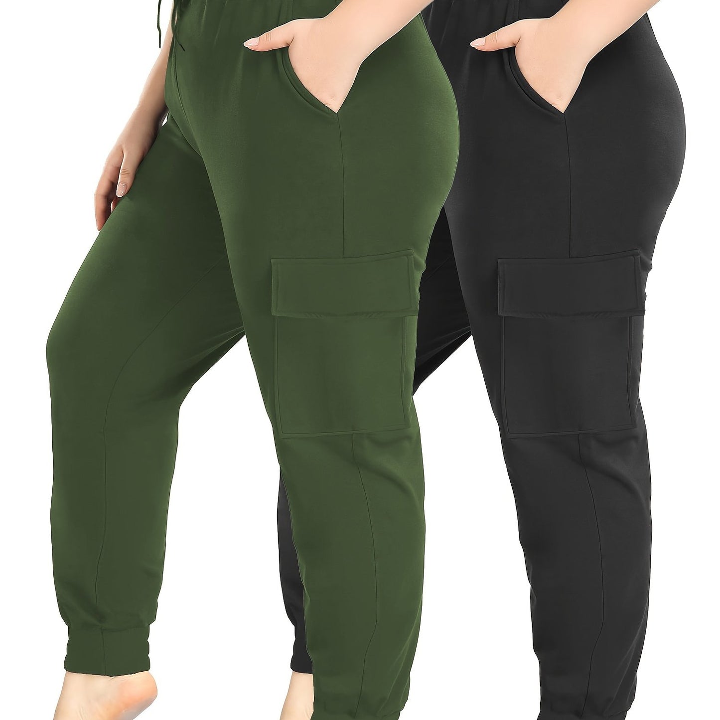 High Stretch 2-Pack Plus Size Drawstring Cargo Pants - With Pockets