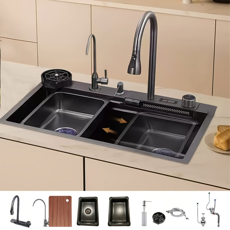 Waterfall Kitchen Sink With Faucet, Sink With LED Display Screen, Top Mounted