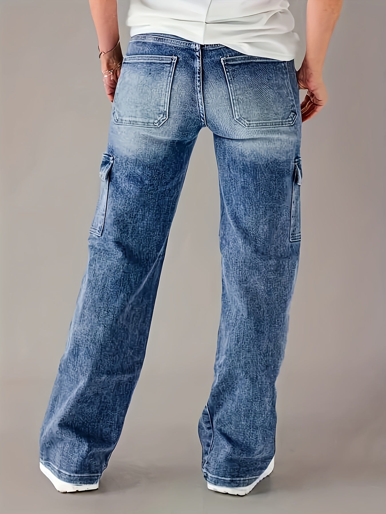 Women's Cargo Jeans - Loose Fit, Slimming Multi-Pocket Design with Drawstring Waist