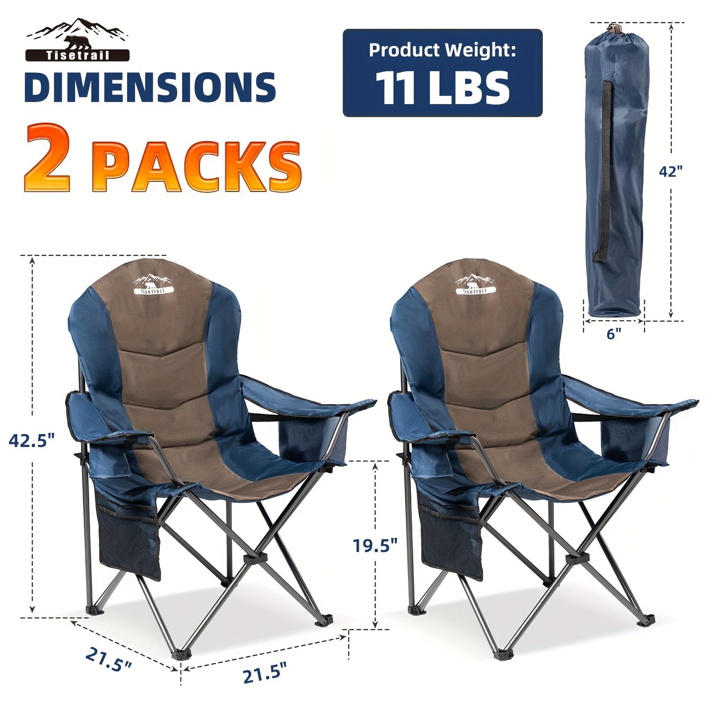 [Portable Camping Chairs] 2pcs High Back Folding Camping Chairs - 400lbs Capacity