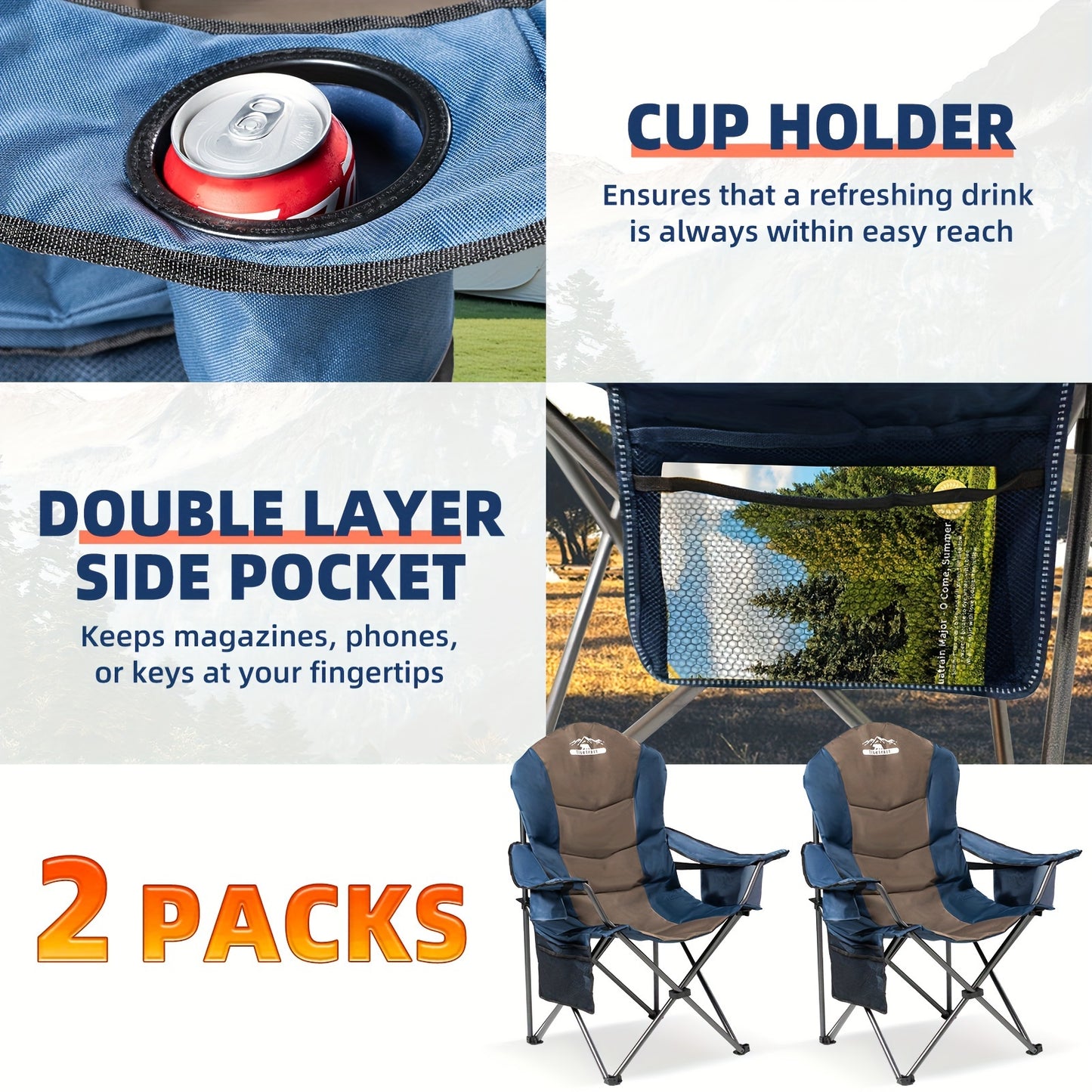 [Portable Camping Chairs] 2pcs High Back Folding Camping Chairs - 400lbs Capacity