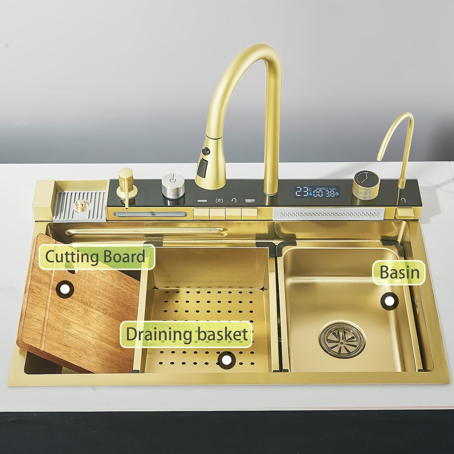 Golden Multifunctional Waterfall Digital Display Sink, 304 Stainless Steel 1 Basin, Smart Sink with Integrated Tap