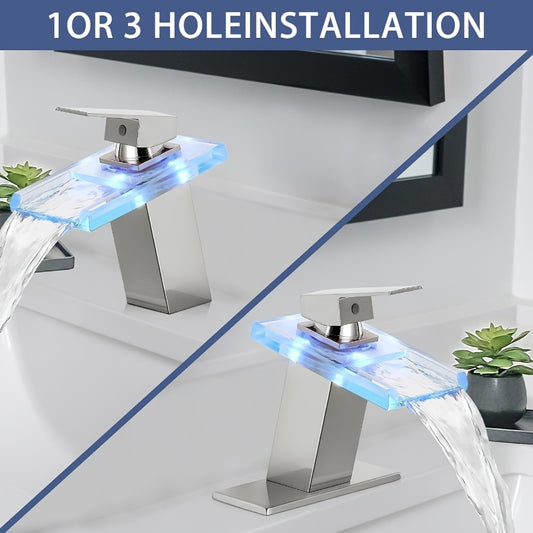 LED Bathroom Sink Faucet, Installation with 2 Water Supply Lines, Open Glass Nozzle