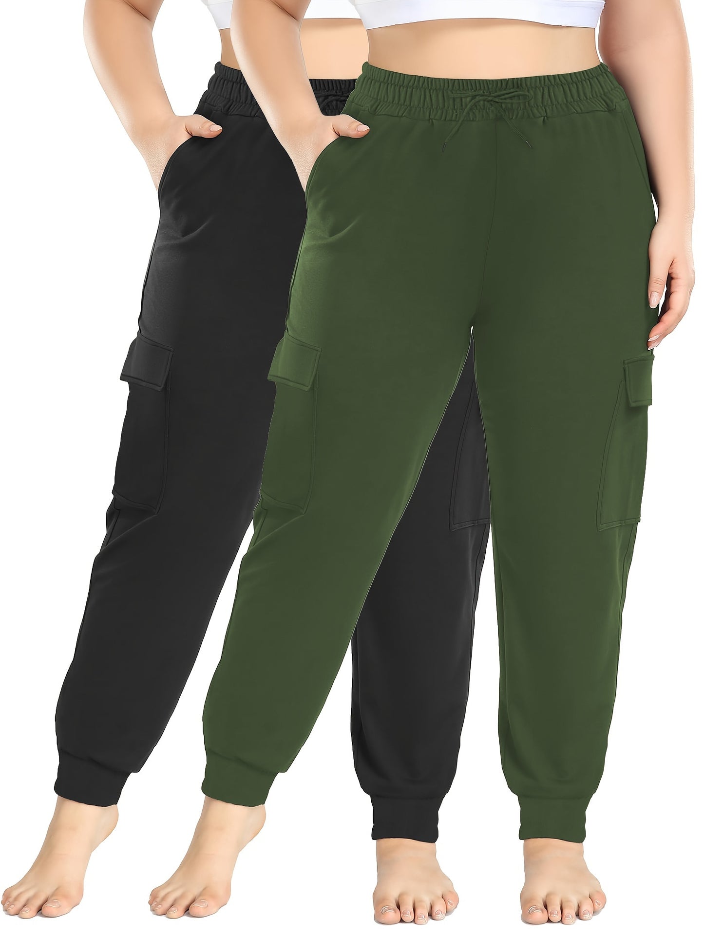High Stretch 2-Pack Plus Size Drawstring Cargo Pants - With Pockets