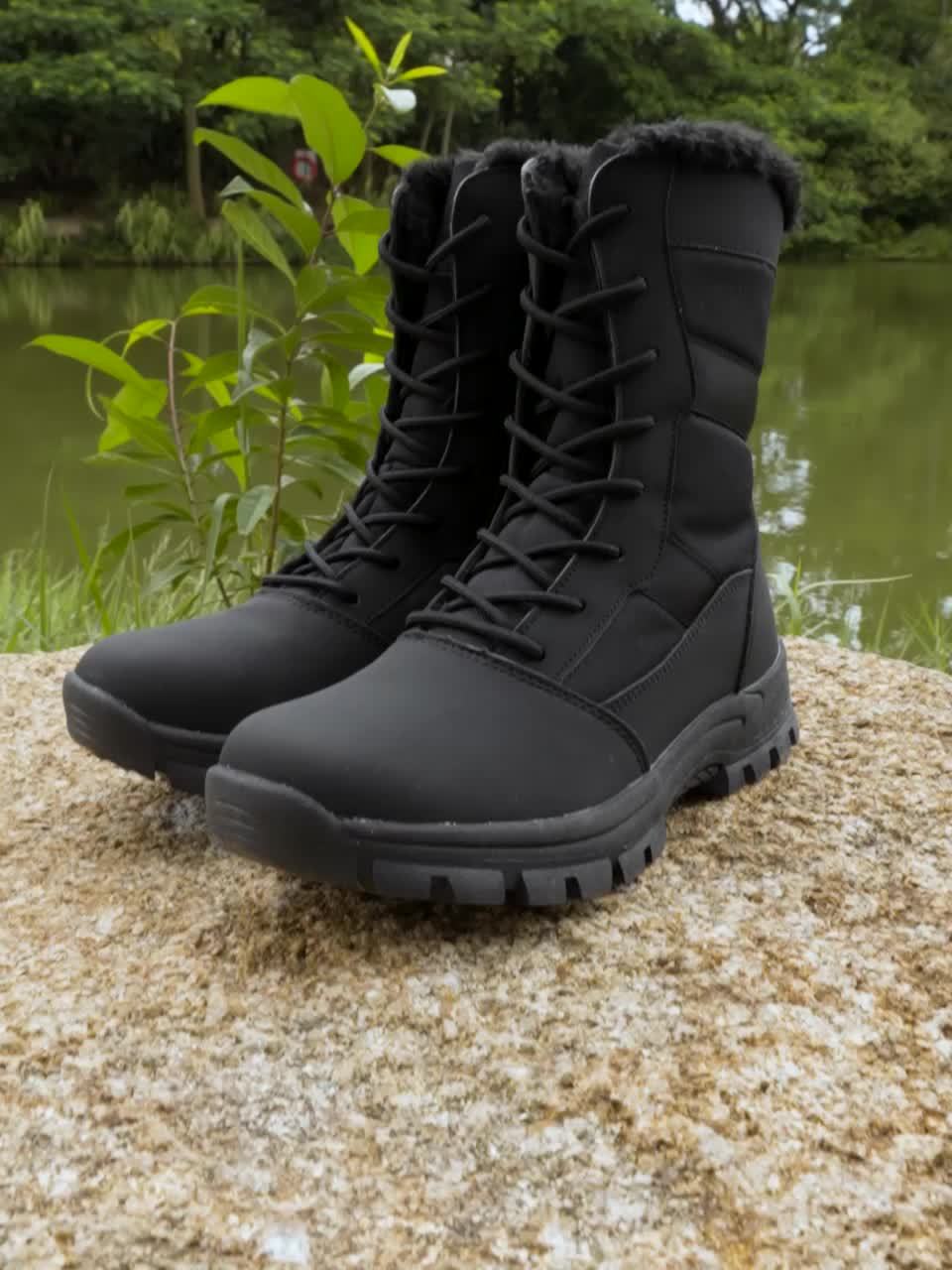 High-Top Hiking Boots, Solid Color, Round Toe