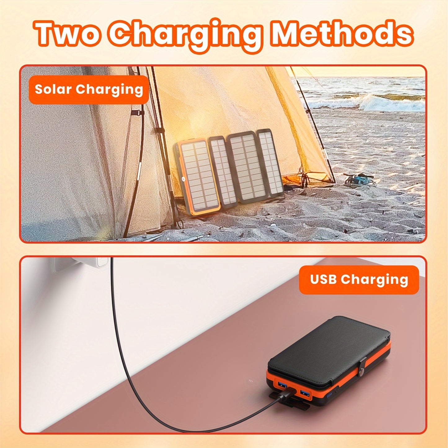 27000mAh Solar Power Bank With 4 Foldable Panels And LED Light, Portable Solar Charger With USB Charging