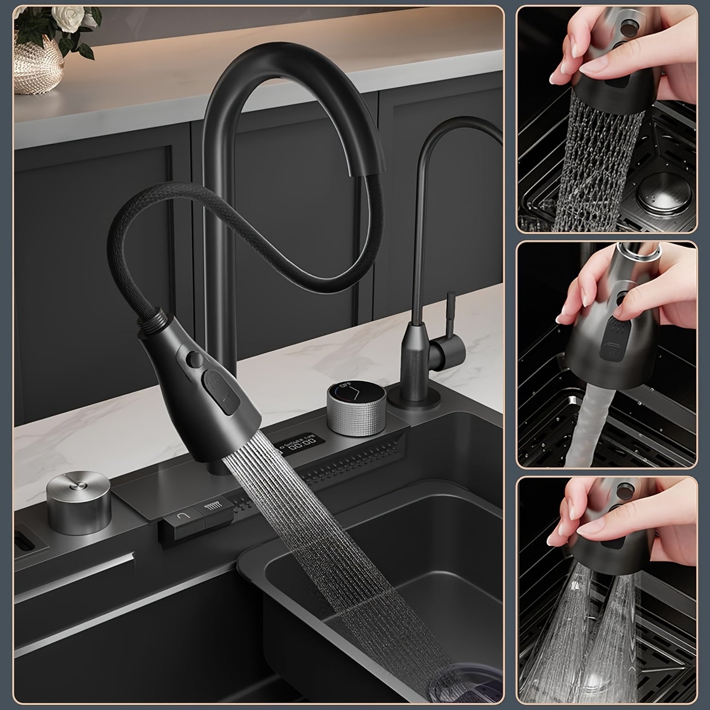 Black Nano Embedded Kitchen Sink, Waterfall Sink With Pull-down Nozzle Faucet, Single Slot Embedded Kitchen Sink Workstation With LED Temperature Display
