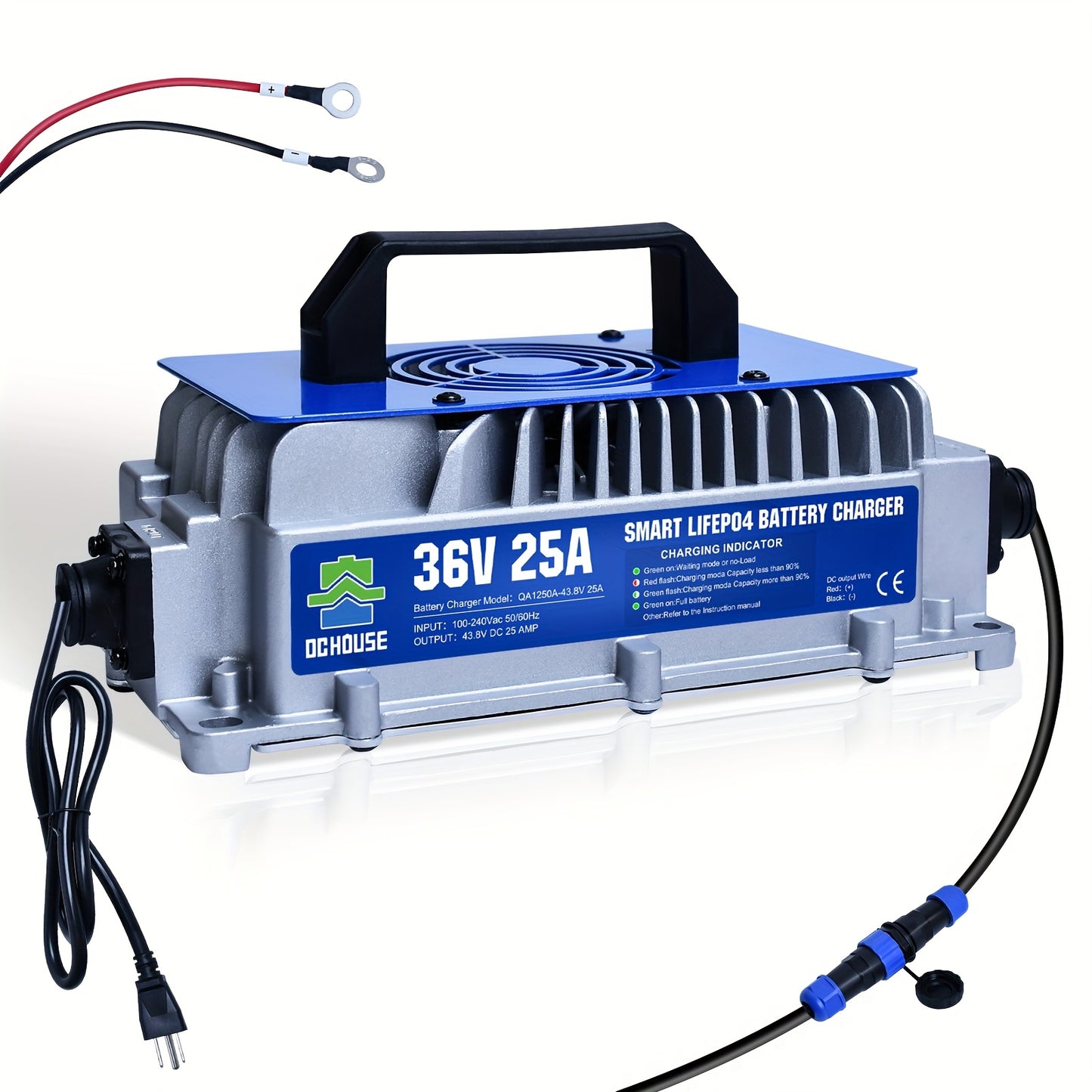 36V 25A Smart Lithium Battery Charger - Compact Aluminum Alloy with Built-In Cooling Fan, Overcharge & Short Circuit Protection