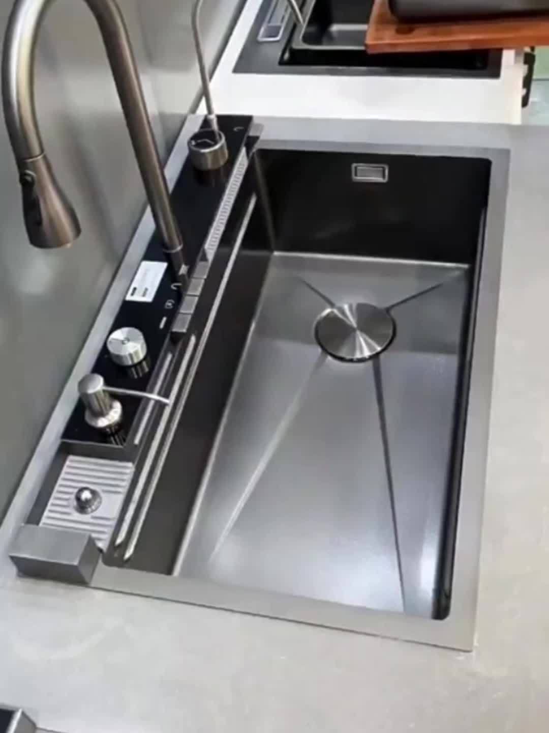 Extra Large Modern Black Stainless Steel Kitchen Sink with Digital Display, Dual Waterfall Design & Cup Holders