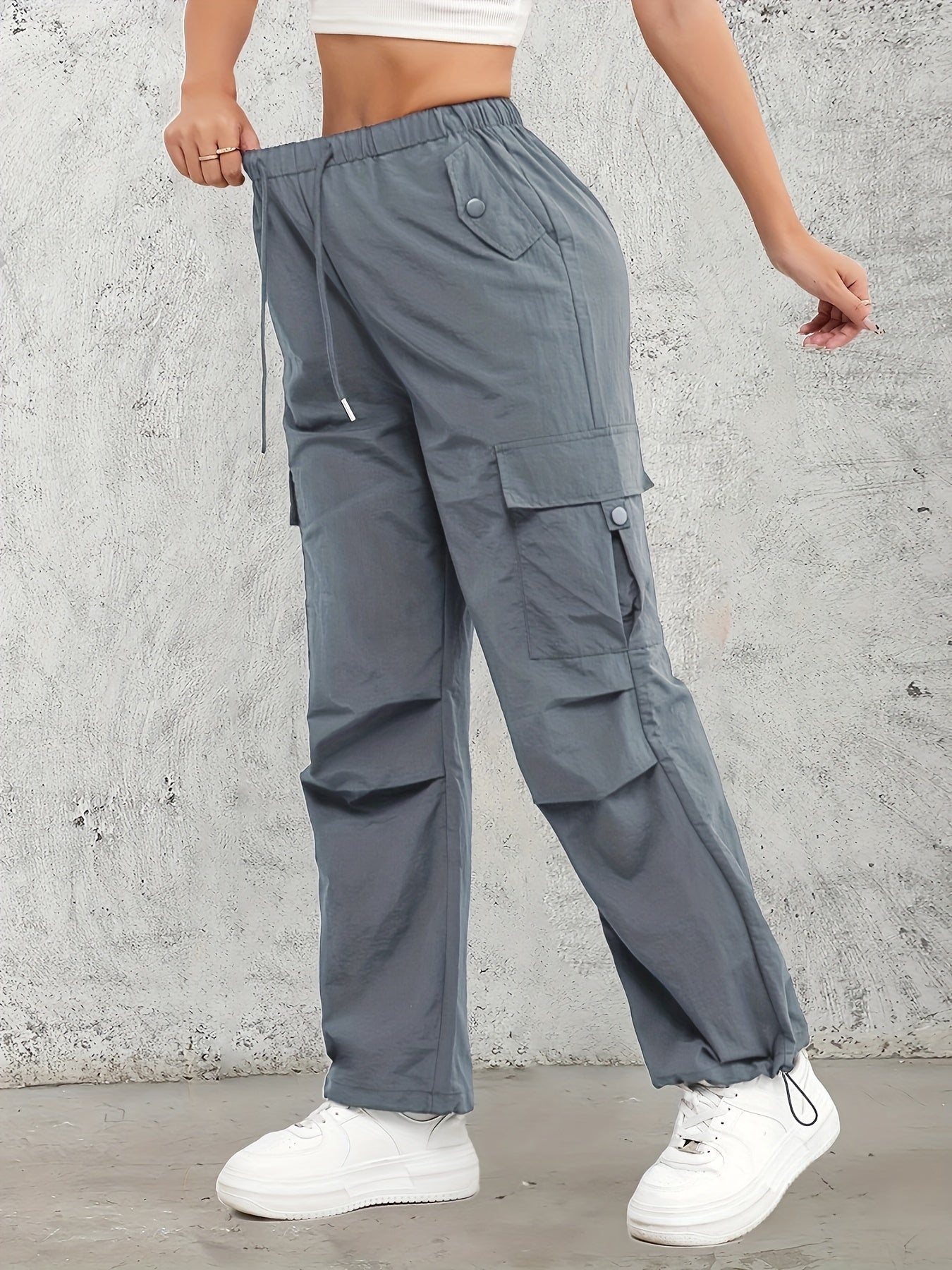 Women's High-Waist Cargo Pants with Elastic Drawstring Waistband, Multi-Pocket Design
