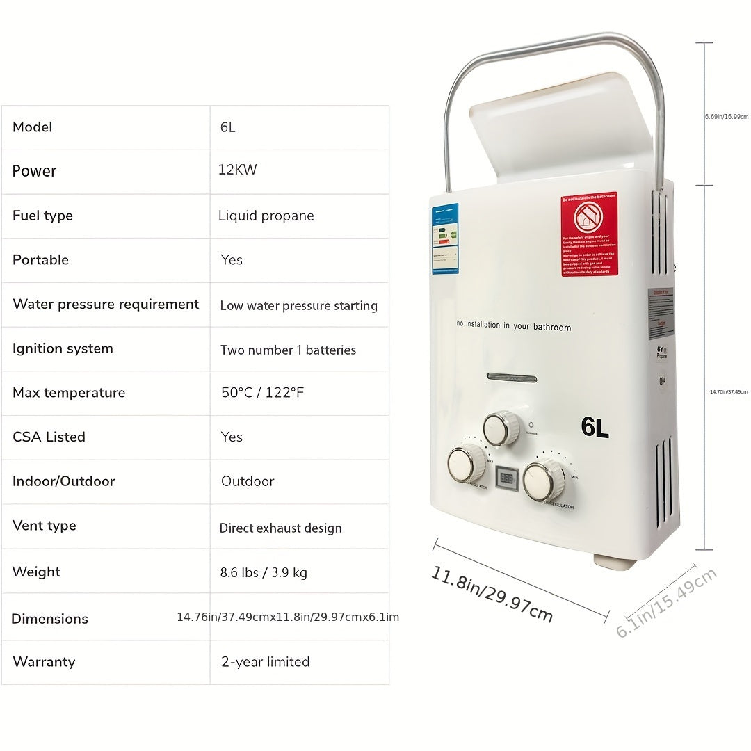 Portable Tankless Water Heater - 6L, 1.58GPM Propane, Overheat Protection