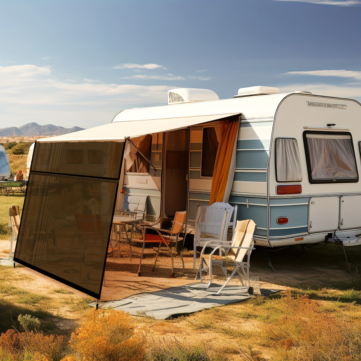 RV Awning Shade Screen With Zipper 14' X 8' - Black Mesh UV Blocker Sun Shade Complete Kits