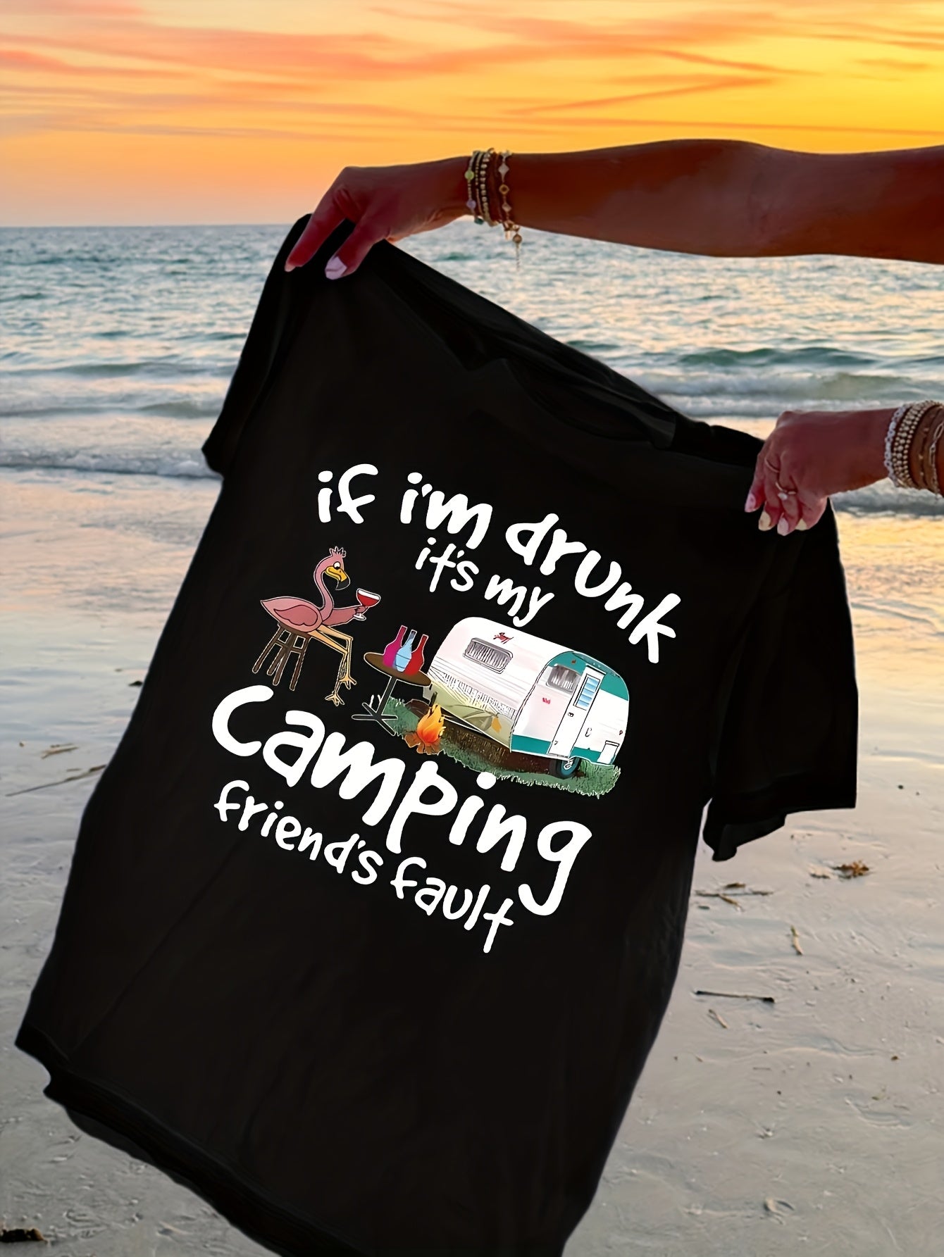 Women's Plus Size Casual Black T-Shirt with "If I'm Drunk" Camping Graphic - Short Sleeve, Round Neck, Comfortable Polyester