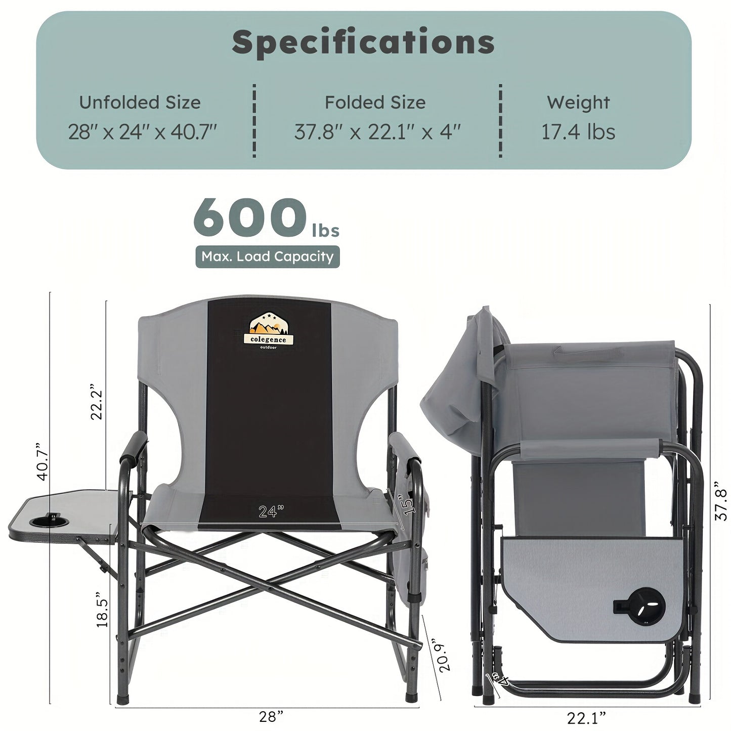 [600 Lbs Capacity Ergonomic Chair] Durable Build| Colegence XXL Oversized Director's Chair, 600 Lbs Capacity