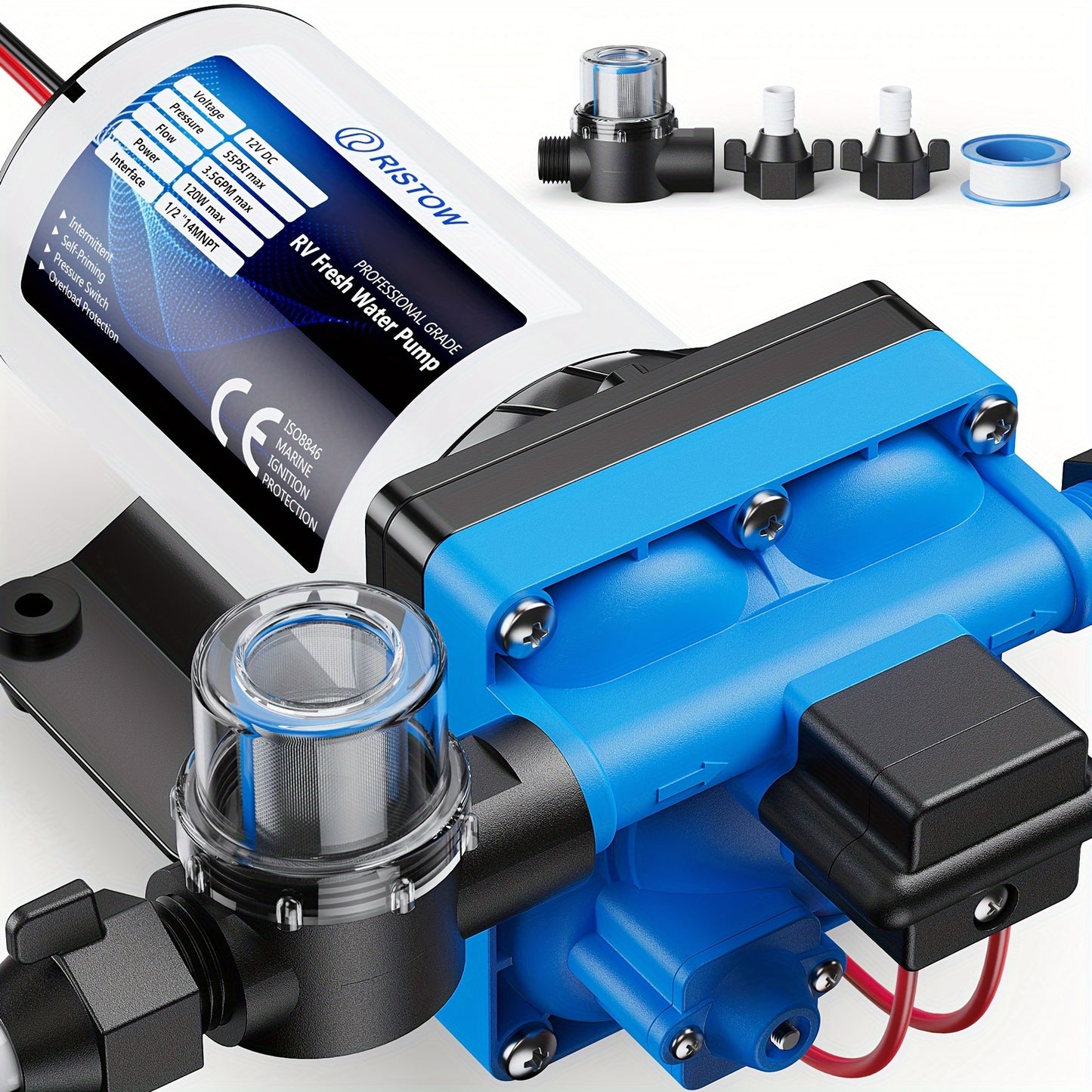 High-Performance 12V RV Water Pump - 3.5GPM, 50PSI Self-Priming Diaphragm with Filter & Adapter for RVs