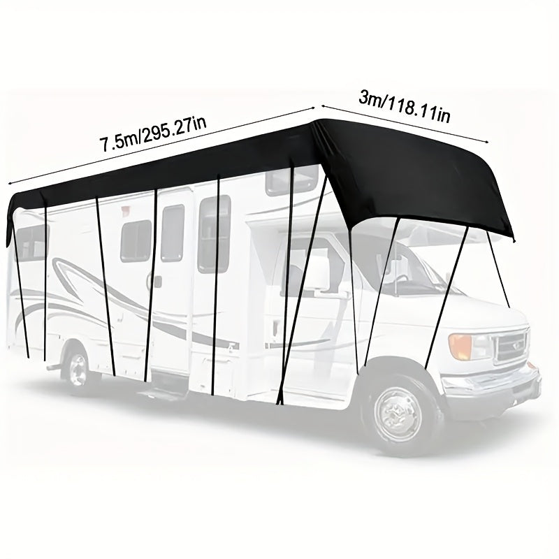 All-Weather RV Cover for Campers, Travel Trailers & Buses - Waterproof, Snow, Frost, Leaf, Rain & Dust Protection with Sun Shield, Lightweight Storage Bag, Adjustable Elastic Band + Hooks for Easy Installation