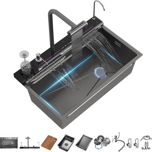 29.5 x 18.1 inch Stainless Steel Honeycomb Single Bowl Kitchen Sinks, Digital Display Double Waterfall Sink, With Pull-out Swivel Faucet and Pressurized Cup Washer (29.5 x 18.1 inch)