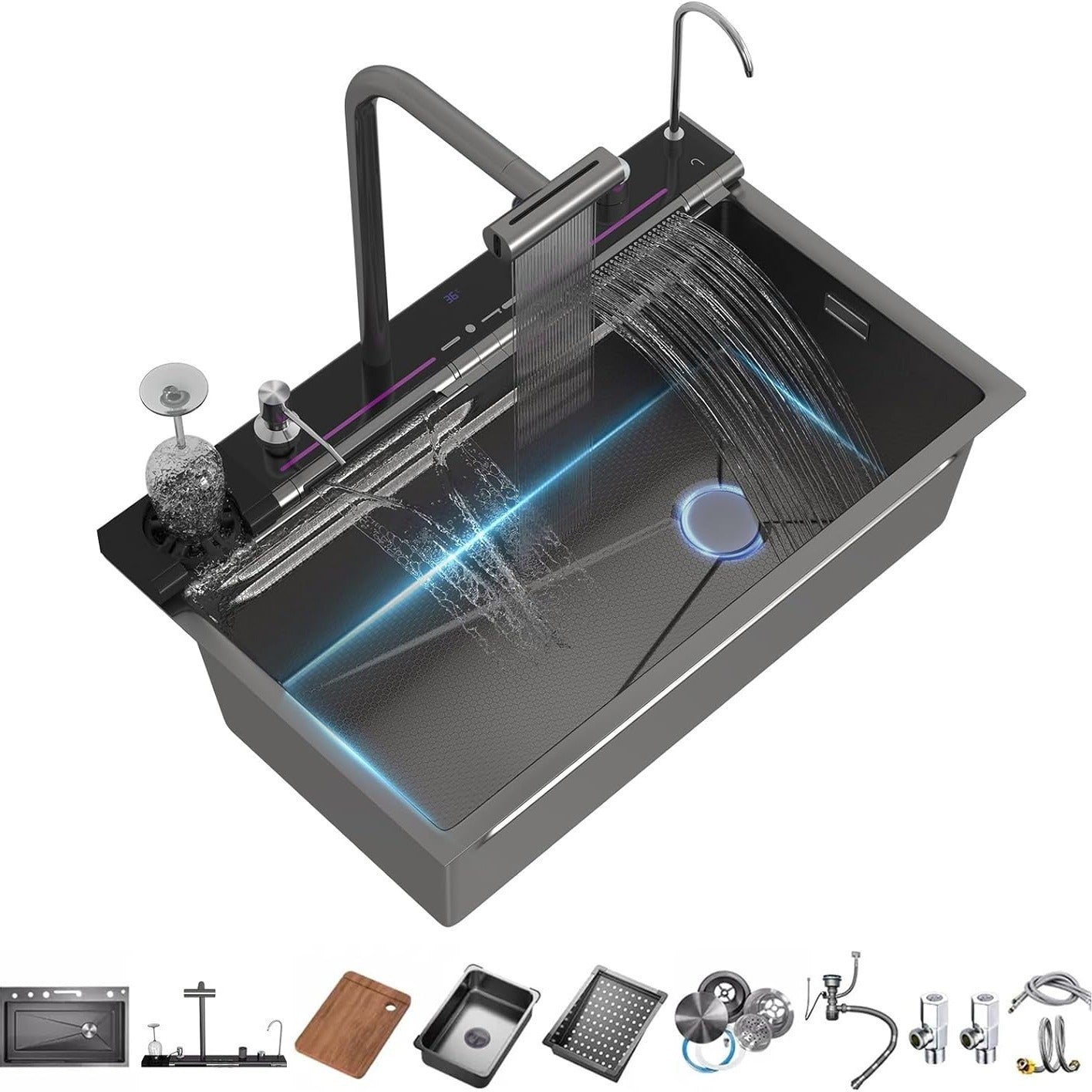 29.5 x 18.1 inch Stainless Steel Honeycomb Single Bowl Kitchen Sinks, Digital Display Double Waterfall Sink, With Pull-out Swivel Faucet and Pressurized Cup Washer (29.5 x 18.1 inch)