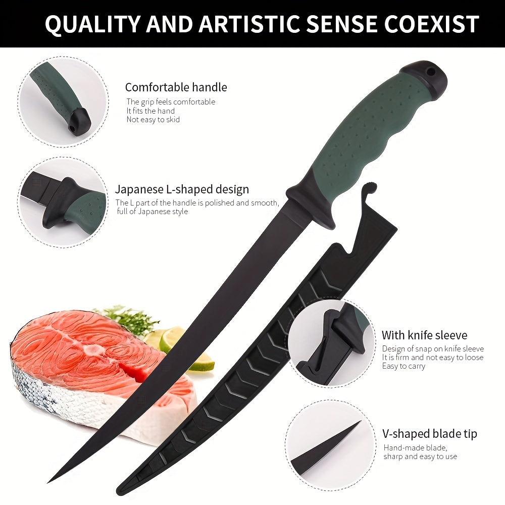 4pcs/Set Fish Cutting Fillet Knife, Non-stick Coating PP+TPR Soft Handle, Stainless Steel Fishing Knife Included Sheath