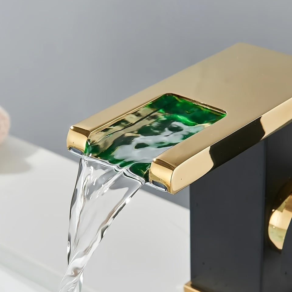 Waterfall Bathroom Faucet Black & Golden Led Light 3 Colors Changing Spout