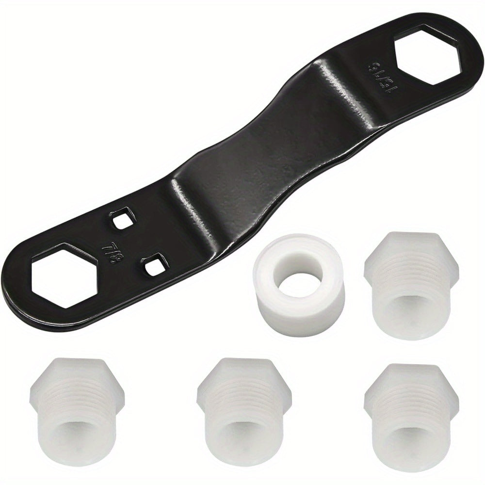 Water Heater Drain Plug Kit Designed for RV & Camper Water Heater Drain Plugs, Fits Drain Plugs, Includes Angled Wrench, 4pcs Replacement Plugs and 1 Roll Tape