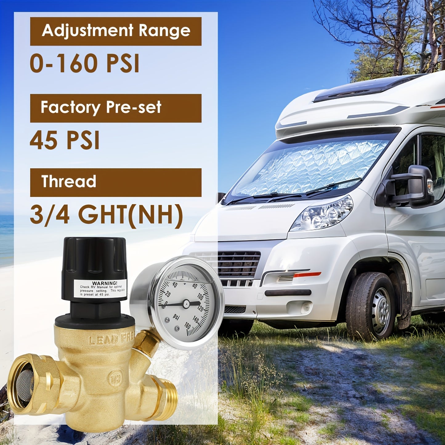 RV Water Pressure Regulator Professional Pressure Reducing Valve with Adjustable Handle and Gauge Lead-Free