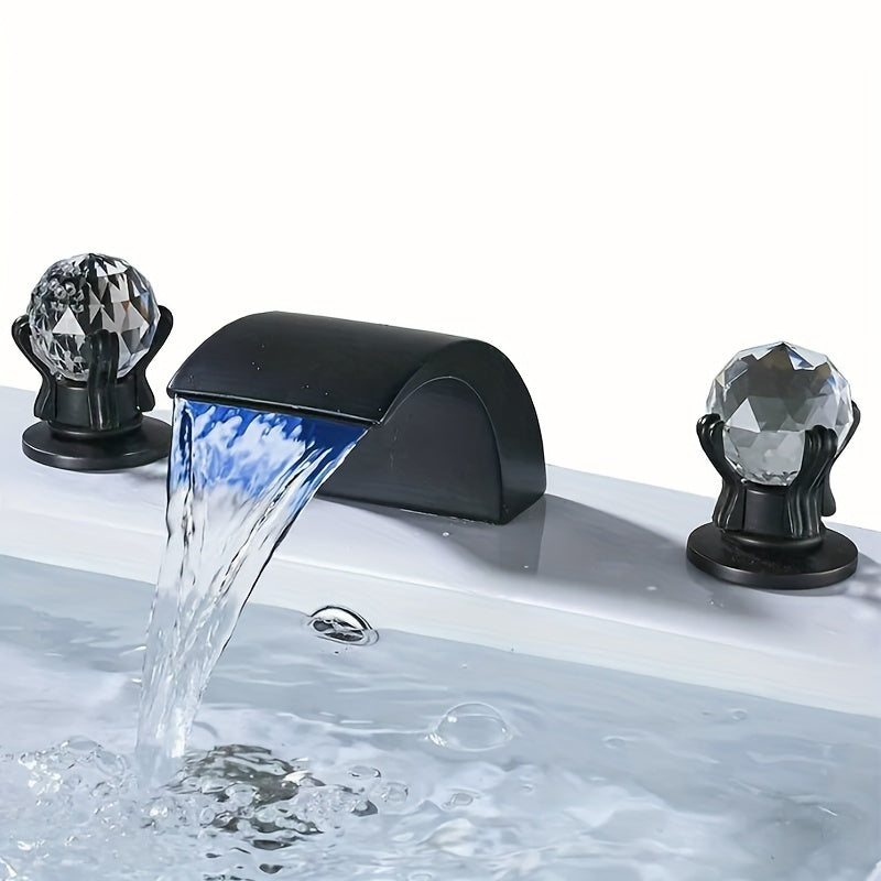 Waterfall Widespread Bathroom Sink Basin Faucet, 3 Hole 2 Handle With LED 8" Widespread LED Bathroom Sink Basin Fauce