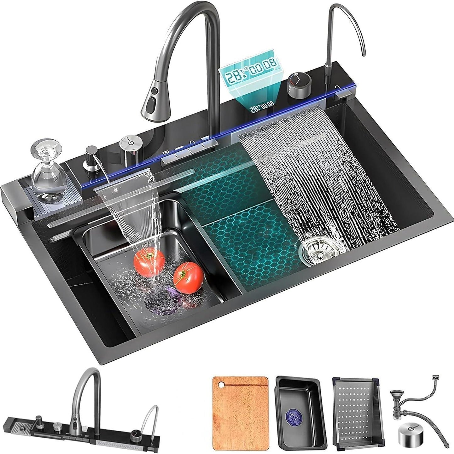 Multifunctional Workstation Kitchen Sink with Digital Display Pull-Out Faucet and Accessories