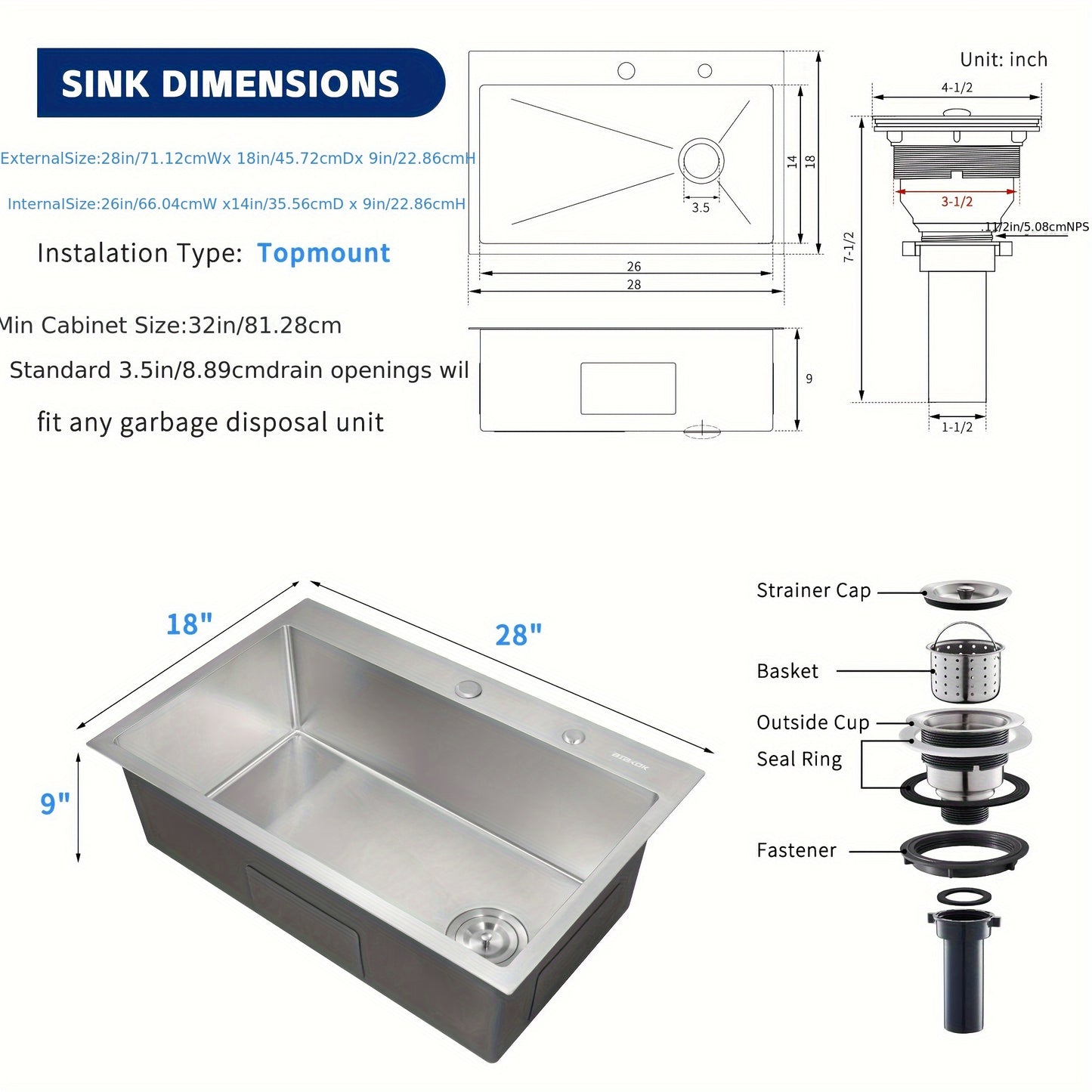 Elegant Single-Bowl Kitchen Sink - Sleek Brushed Finish, Drop-in Design for Easy Installation