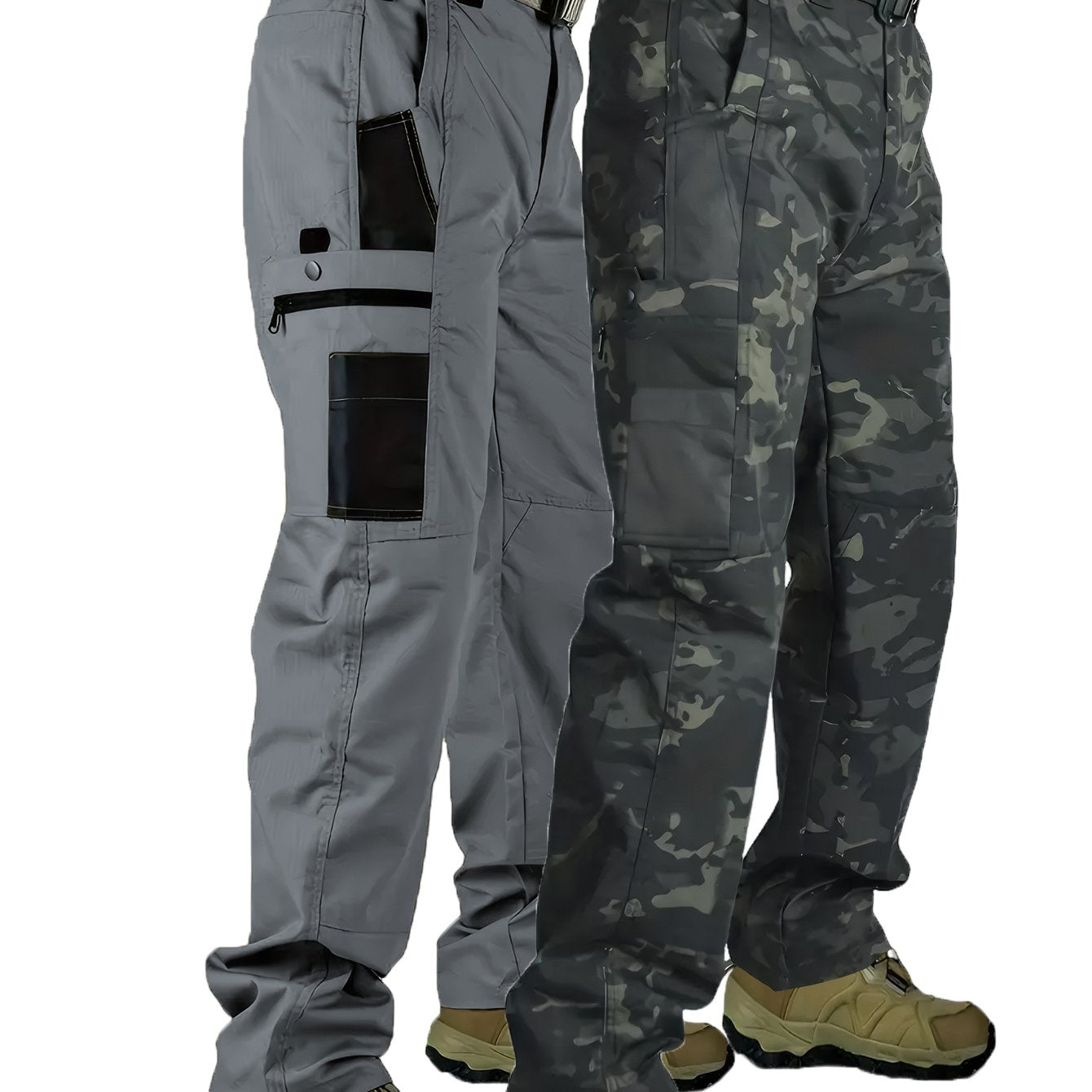 2pcs Men's Tactical Cargo Pants, 100% Polyester Solid Color Sports Style