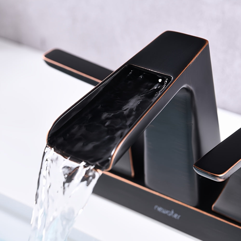 Modern Waterfall Center set Bathroom Sink Faucet - 2-Handle, Brushed Black with Golden Accents