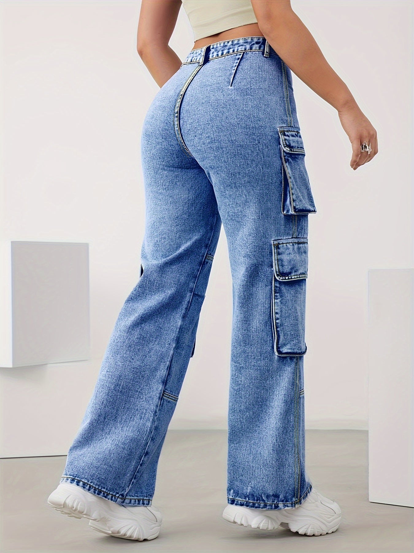 Plus Size High Waist Cargo Jeans - Multi-Pocket Design, High Stretch Denim, All-Season Long Length Pants