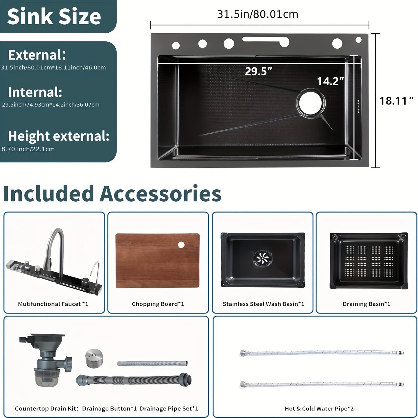 33.5 Inch Stainless Steel Smart Kitchen Sinks, Multifunctional Workstation Kitchen Sink With Digital Display Pull-Out Faucet And Accessories