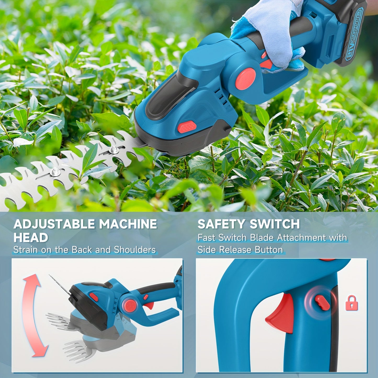 Hedge Trimmer Cordless, 2 in 1 Handheld Cordless Grass Shear with 2 Pcs Rechargeable Battery's and Charger