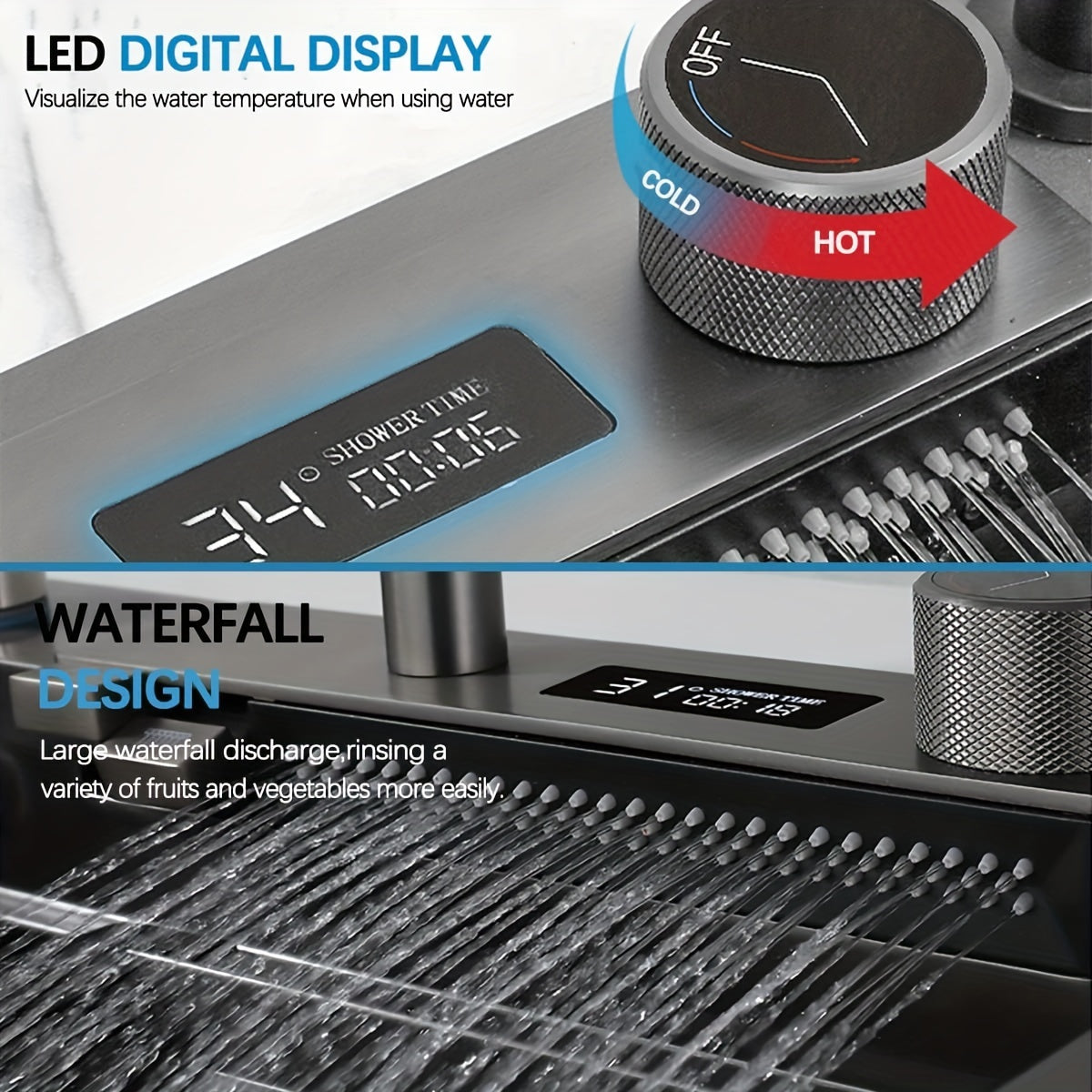 Digital Display Waterfall Sink, Single Bowl Kitchen Sink, Stainless Steel Bar Sink With Pull-down Nozzle Faucet