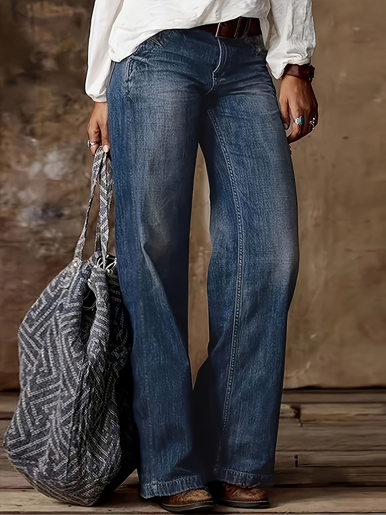 Plus Size Stretch Denim Flare Jeans - Comfort Fit, Mid-Rise, Washed Blue, Slash Pockets