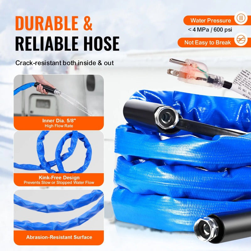 15ft RV Heated Water Hose - Antifreeze, No Battery Needed, Metal Construction
