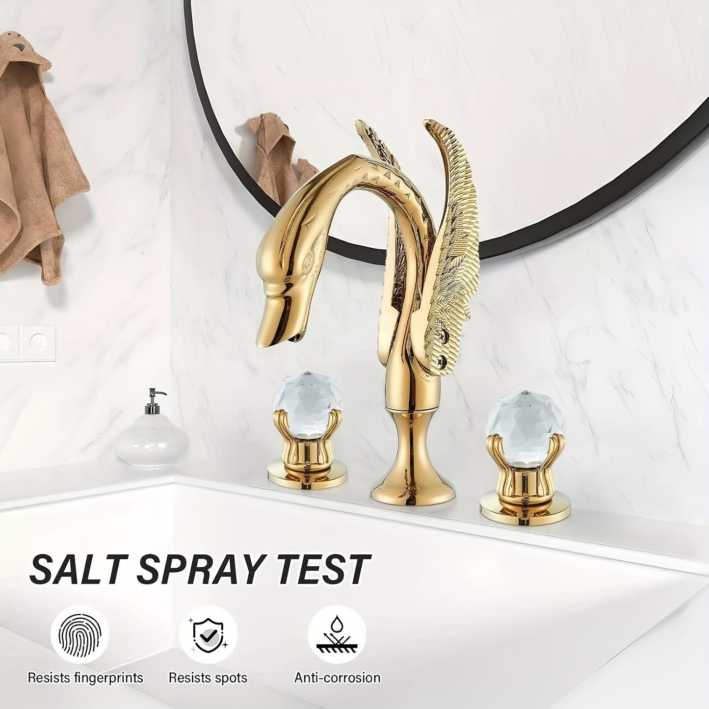 Bathroom Swan Basin Sink Faucet Golden 8-Inch 3 Hole 2 Crystal Handle Deck Mount