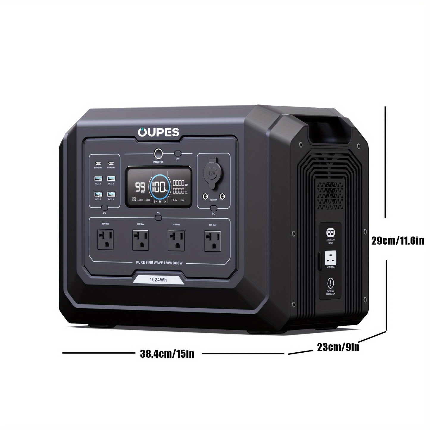 2000w 1024Wh Portable Power Station Backup LiFePO4 Battery, 110V/2000W Pure Sine Wave AC Outlet, Solar Generator